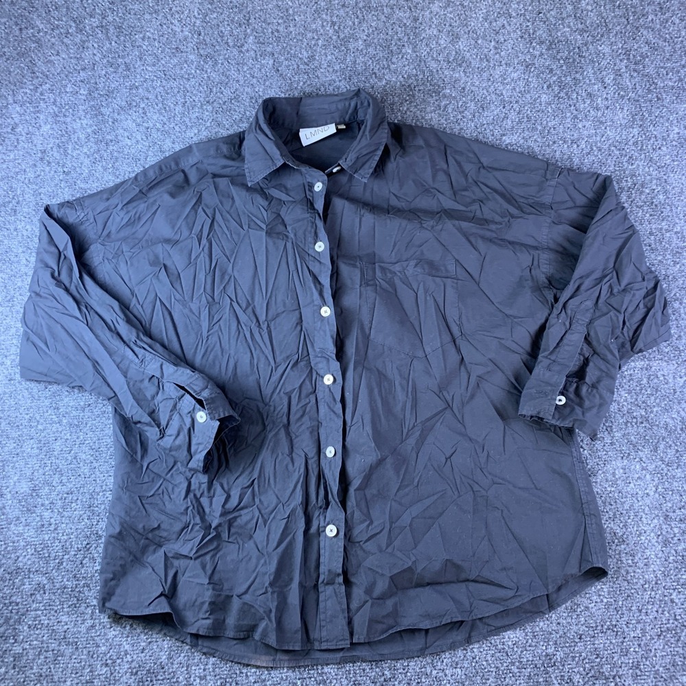 LMND Shirt Womens Small Charcoal Gray Pleated Cotton Spread Collared Button Up